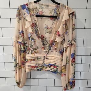 Buckle Gimmick Floral Pink V Neck Blouse Sz medium